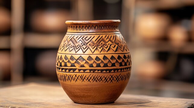 Hand-carved clay pot from South Africa rests on wooden table, showcasing intricate motifs