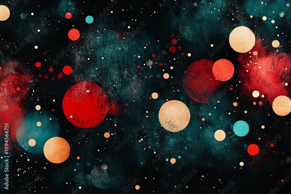Poster abstract cosmic scene with colorful planets and stars against a dark background.