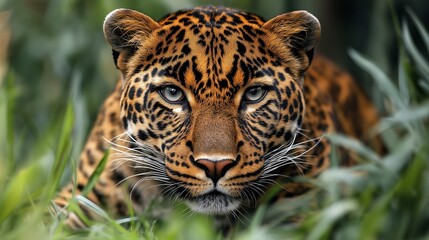 Obraz premium Close-up view of a majestic jaguar hunting in lush green foliage