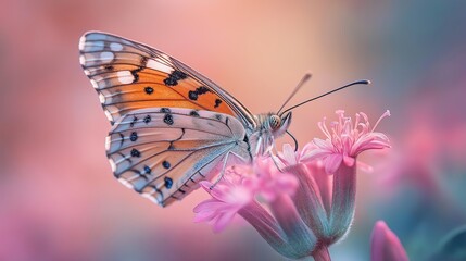 Obraz premium Vibrant butterfly perched delicately on blooming pink flowers in soft light