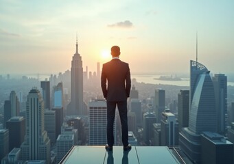 Plakat Man in suit overlooking city skyline at sunset with iconic buildings and vibrant sky