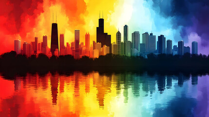 Cityscape with Rainbow Reflections Abstract Illustration