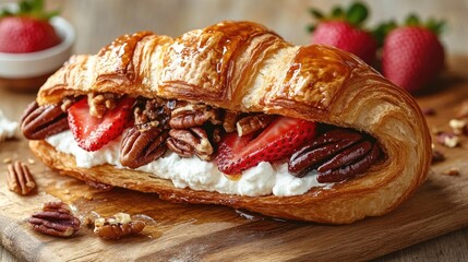 Croissant sandwich stuffed with creamy goat cheese, fresh strawberries, crunchy pecans, and honey, elegantly presented on a wooden board with extra space for text.