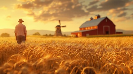 Golden wheat field sunset farmer walking towards red barn windmill backdrop
