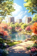 Obraz premium Beautiful decoration of large public park in the city center with lush green trees is an indicator of the civilization of that city, it indicates the good quality of life that the city's leaders see.