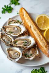 Fresh oysters served with baguettes and lemon on a white plate