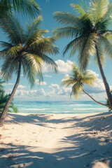Obraz premium A beach with palm trees on the sand and the ocean in the background