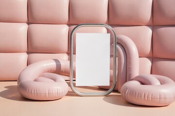 Futuristic picture frame with blank white paper leaning against rounded pink decor elements with softly padded pink wall panels and delicate lighting