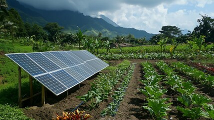 Solar panels in a lush farm, symbolizing agrivoltaics integration for sustainable farming.
