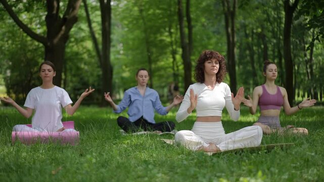 A yoga teacher in white leads a group meditation session in a serene park setting. Participants sit cross-legged, performing Chin Mudra with closed eyes, embodying mindfulness and inner peace. The