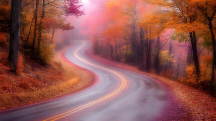 Obraz premium Winding Road Through Autumn Forest, Photo