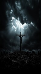 Naklejka premium Biblical depiction of the crucifixion of Jesus with a silhouetted cross, stormy skies, and rays of light breaking through