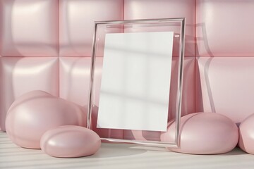 Modern picture frame with blank white paper leaning on pink rounded elements, padded pink wall panels, and soft lighting for a sleek minimalist design