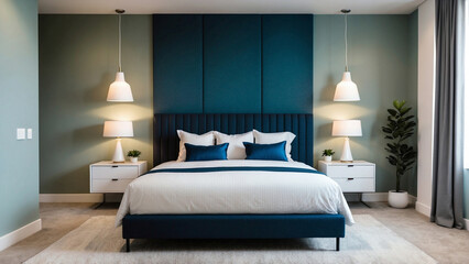 Serene bedroom decor with modern touches, including pendant lighting, greenery, and a neutral carpeted floor