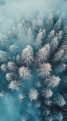 Obraz premium Winter landscape of a snow covered forest captured from above during a cloudy day