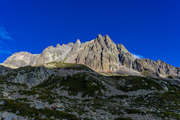 Tour du Mont Blanc beautiful landscapes in the Alps mountains on a sunny summer day. Green grass on...