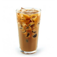 Tall glass of iced coffee filled with ice cubes offers a refreshing beverage