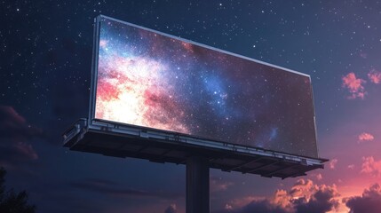 Large empty billboard in outer space under a starry sky, featuring a vast blank display ideal for advertising mockups or graphic designs.