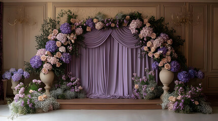 Purple and Pink Floral Arch with Draped Backdrop - Illustration