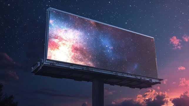 Large empty billboard in outer space under a starry sky, featuring a vast blank display ideal for advertising mockups or graphic designs.