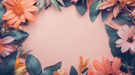 Vibrant floral border featuring pink and orange flowers with lush green leaves framing a blank light background for customizable text or messages.