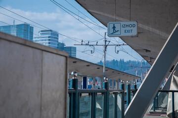 Sign for exit or izhod at ljubljana railway station just prior to modernisation, which is about to take place in 2024. Autumn setting on the main railway station.