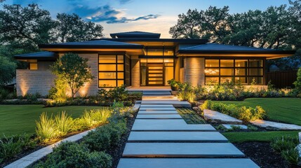 Fototapeta premium Elegant contemporary house exterior glowing at twilight, showcasing a beautifully landscaped garden with illuminated pathways and lush vegetation.
