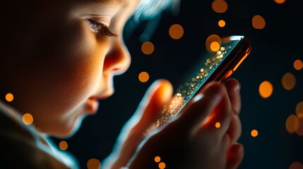 Fototapeta premium Close-up of a child’s eye with glowing golden reflections and blurred abstract lights in a cinematic composition