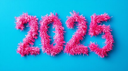 Pink fluffy garland forming 2025 new year on blue background