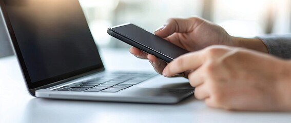 Close-up of a woman's hands using a mobile phone and laptop on a white desk, a panoramic banner with a copy space area for an online work or remote working concept