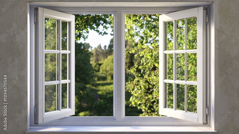 Poster open window showing lush green trees in summer day