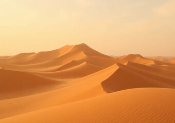 Golden sand dunes stretch endlessly under a clear sky in a vast desert landscape