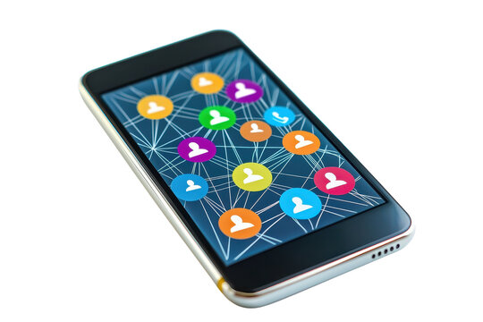 A smartphone displaying a network of colorful user icons, symbolizing connectivity and social interaction.
