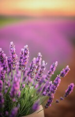 Obraz premium Lavender fields at sunset with a solitary figure under a tree in a serene landscape