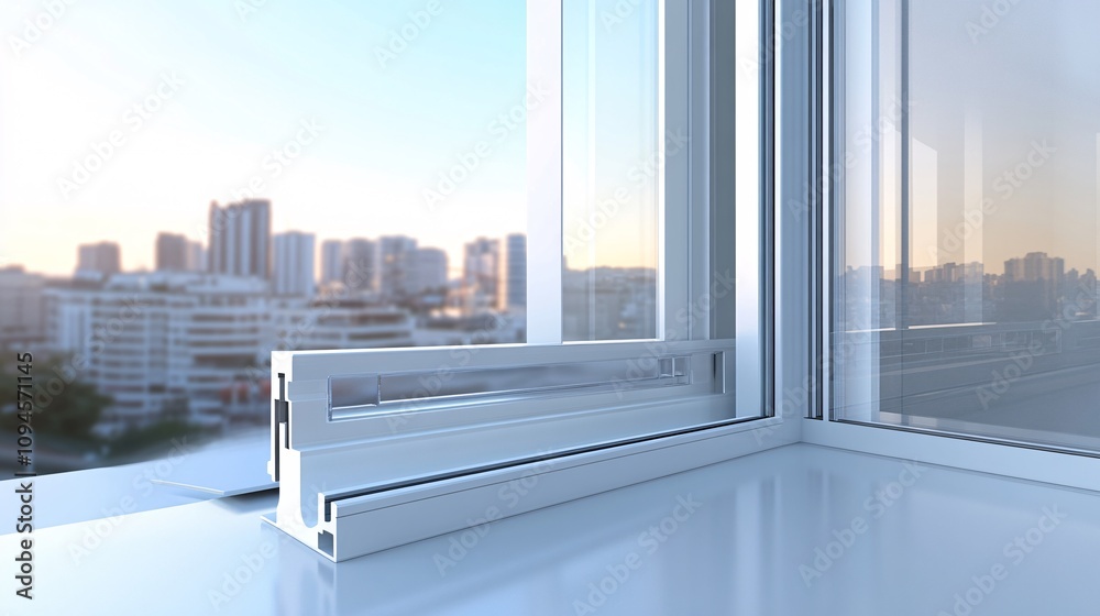 Poster Modern sliding window frame with city view during sunset