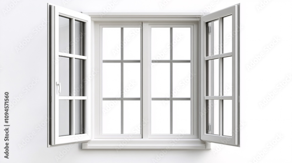 Poster white open window allowing air to enter room on white background