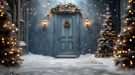 Winter Wonderland Doorway with Snow and Christmas Trees - Background Image