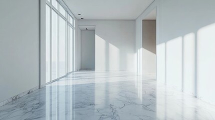 Fototapeta premium Spacious minimalist apartment room featuring white walls and glossy marble flooring, ideal for showcasing products with abundant natural light.