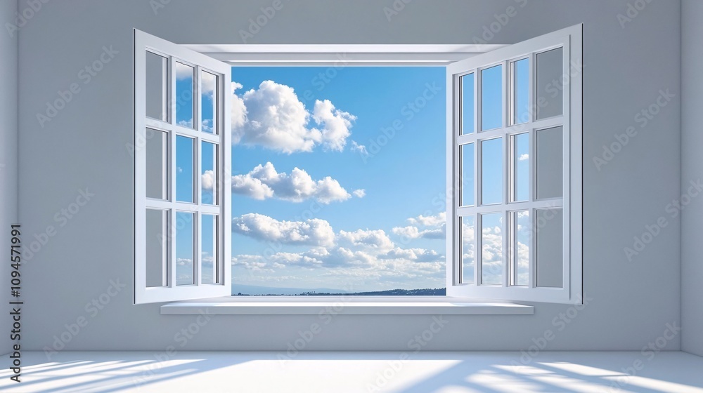Poster open window showing beautiful cloudscape and city in background