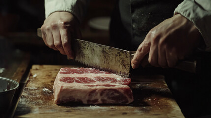 A butcher working with a traditional cleaver, cutting through a large piece of pork belly with focus on the precision of the cut and the textures of the meat.