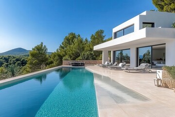 Fototapeta premium Modern villa with an infinity pool surrounded by greenery and mountains.