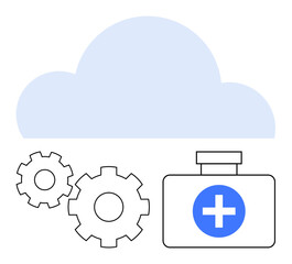 Cloud above first aid kit and gears signaling integration of healthcare and technology. Ideal for telemedicine, health data management, medical advancements, tech innovations, digital health