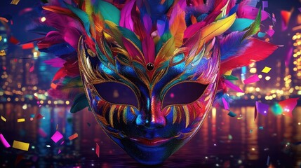 Colorful and ornate carnival mask adorned with vibrant feathers, set against a festive backdrop of lights and confetti.