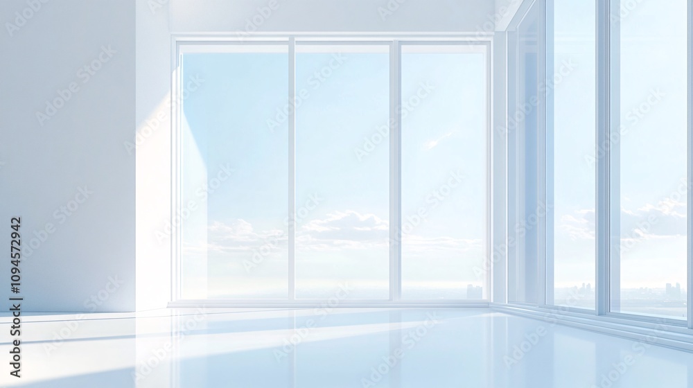 Aufkleber modern empty room with large windows showing city skyline