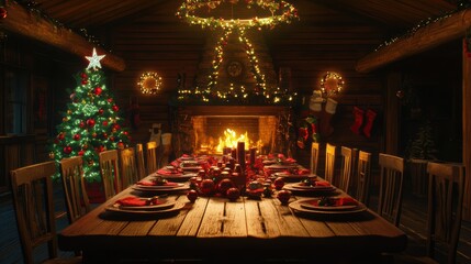 Cozy holiday table with christmas tree and fireplace decor