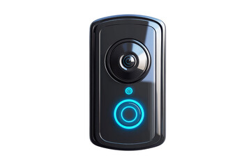 Obraz premium A sleek, modern video doorbell featuring a circular camera lens and illuminated button for enhanced visibility and functionality.