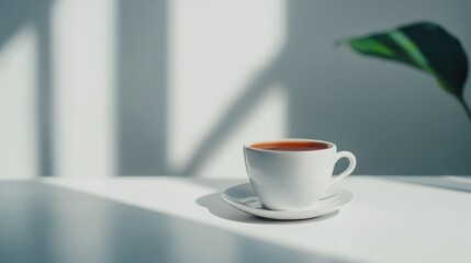 Obraz premium Americano Coffee in White Cup on Minimalist Table with Soft Shadows and Green Leaf in Background