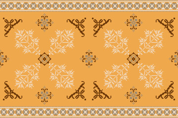 Rectangle shape seamless pixel art.Flower Ikat pattern embroidery.Pixel Art Fabric background Pattern with Geometric Square.Abstract background vector illustration.carpet,batik,knitwear