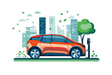 A vibrant electric car parked at an eco-friendly charging station surrounded by greenery and modern skyscrapers.