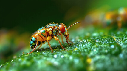 Fototapeta premium Colorful insect with vibrant details exploring a leaf with droplets against a blurred green background